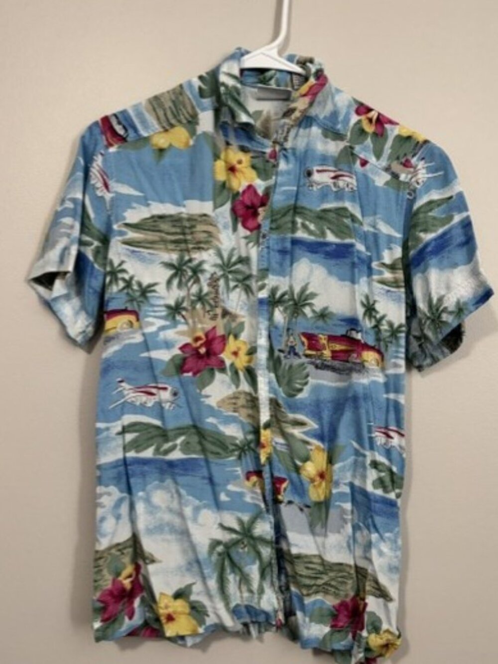 Woman's Solutions Short Sleeve Button Down Hawaiian Shirt Color Blue/Green Sz S